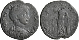 PHRYGIA. Eucarpeia. Geta, as Caesar, 198-209. Diassarion (Bronze, 23 mm, 6.26 g, 6 h). ΠΟ CЄΠTI ΓЄTAC KAI Bare-headed, draped and cuirassed bust of Ge...