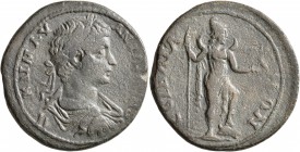 PHRYGIA. Siblia. Caracalla, 198-217. Tetrassarion (Bronze, 30 mm, 13.33 g, 7 h). AYT KAI M AY ANTΩNЄINOC Laureate, draped and cuirassed bust of Caraca...