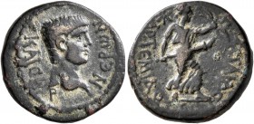 PAMPHYLIA. Perge. Nero, 54-68. Assarion (Orichalcum, 17 mm, 4.32 g, 1 h). NЄPΩN KAICAP Bare head of Nero to right. Rev. APTЄMIΔOC ΠЄPΓAIAC Artemis hur...
