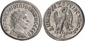 SYRIA, Seleucis and Pieria. Antioch. Philip II, 247-249. Tetradrachm (Billon, 26 mm, 12.65 g, 1 h), 249. AYTOK K M IOYΛI ΦΙΛΙΠΠΟC CЄB Radiate, draped ...