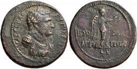 JUDAEA, Herodians. Agrippa II, with Domitian, circa 50-100 CE. AE (Orichalcum, 27 mm, 9.74 g, 12 h), posthumous issue for Titus, Caesarea Panias, RY 2...