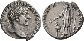 ARABIA. Bostra. Trajan, 98-117. Drachm (Silver, 17 mm, 3.19 g, 6 h), 112. AYTOKP KAIC NЄP TPAIAN CЄB ΓЄPM ΔAK Laureate head of Trajan to right, with s...