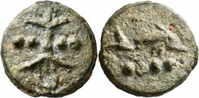 Anonymous, circa 280 BC. Triens (Bronze, 47 mm, 97.99 g), Rome. Thunderbolts with four pellets (mark of value) across field. Rev. Dolphin swimming rig...