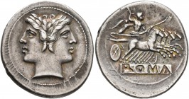 Anonymous, circa 225-214 BC. Quadrigatus - Didrachm (Silver, 25 mm, 6.61 g, 6 h), Rome. Laureate head of Janus. Rev. ROMA (incuse on raised tablet) Ju...