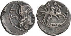 Anonymous, 214-212 BC. Sestertius (Silver, 12 mm, 1.00 g, 11 h), Luceria. Head of Roma to right, wearing Phrygian helmet; behind, IIS. Rev. ROMA The D...