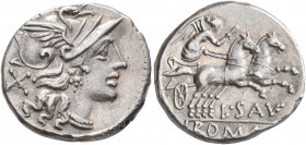 L. Saufeius, 152 BC. Denarius (Silver, 18 mm, 3.93 g, 7 h), Rome. Head of Roma to right, wearing winged helmet; behind, X. Rev. L•SAVF / ROMA Victory ...