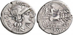 C. Curiatius Trigeminus, 142 BC. Denarius (Silver, 19 mm, 4.11 g, 7 h), Rome. TRIGE Head of Roma to right, wearing winged helmet; before, X. Rev. C•CV...