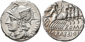 M. Baebius Q.f. Tampilus, 137 BC. Denarius (Silver, 18 mm, 3.92 g, 1 h), Rome. TAMPIL Head of Roma to left, wearing winged helmet; before, X. Rev. ROM...