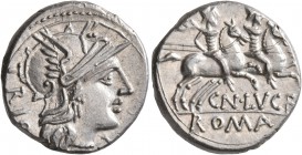 Cn. Lucretius Trio, 136 BC. Denarius (Silver, 18 mm, 3.99 g, 7 h), Rome. TRIO Helmeted head of Roma to right; below her chin, X. Rev. CN•LVCR / ROMA T...