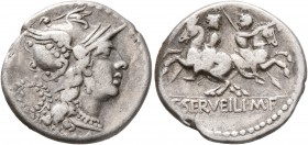 C. Servilius M.f, 136 BC. Denarius (Silver, 19 mm, 3.84 g, 7 h), Rome. Head of Roma to right, wearing winged helmet and pearl necklace; behind, wreath...