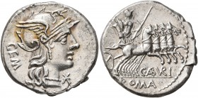 C. Aburius Geminus, 134 BC. Denarius (Silver, 20 mm, 3.93 g, 4 h), Rome. GEM Head of Roma to right, wearing winged helmet; before, star (mark of value...