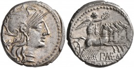 P. Maenius Antiacus M.f, 132 BC. Denarius (Silver, 19 mm, 3.99 g, 10 h), Rome. Head of Roma to right, wearing winged helmet; before, star (mark of val...