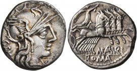 M. Aburius M.f. Geminus, 132 BC. Denarius (Silver, 17 mm, 3.56 g, 1 h), Rome. Head of Roma to right, wearing winged helmet; behind, GEM; before, star....