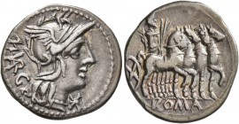 M. Vargunteius, 130 BC. Denarius (Silver, 20 mm, 3.91 g, 3 h), Rome. M•VAR G Head of Roma to right, wearing winged helmet; before, star (mark of value...