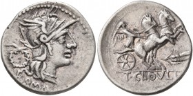 T. Cloelius, 128 BC. Denarius (Silver, 20 mm, 3.89 g, 12 h), Rome. ROMA Head of Roma to right, wearing winged helmet; behind, wreath. Rev. T•CLOVLI Vi...