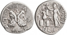 M. Furius L.f. Philus, 120 BC. Denarius (Silver, 19 mm, 3.81 g, 1 h), Rome. M•FOVRI•L•F Laureate head of Janus. Rev. ROMA / PHL I Roma standing front,...