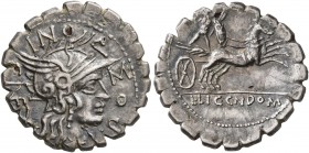 L. Pomponius Cn.f, 118 BC. Denarius (Subaeratus, 19 mm, 2.61 g, 9 h), a contemporary plated imitation, imitating Narbo. L•POMPONI C NF Head of Roma to...