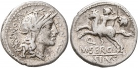 M. Sergius Silus, 116-115 BC. Denarius (Silver, 18 mm, 3.82 g, 7 h), Rome. ROMA - EX•S•C• Head of Roma to right, wearing winged helmet; behind, star (...