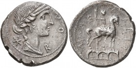 Man. Aemilius Lepidus, 114-113 BC. Denarius (Silver, 18 mm, 3.81 g, 3 h), Rome. ROM[A] Laurete and draped bust of Roma to right; behind, star (mark of...