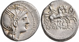 Appius Claudius Pulcher, T. Manlius Mancius and Q. Urbinius, 111-110 BC. Denarius (Silver, 17 mm, 3.90 g, 6 h), Rome. Head of Roma to right, wearing w...