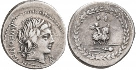 Mn. Fonteius, 108-107 BC. Denarius (Silver, 20 mm, 3.90 g, 5 h), Rome. MN FONTEI - C•F Laureate head of Apollo to right; below, thunderbolt. Rev. Cupi...