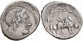 Mn. Fonteius, 108-107 BC. Denarius (Silver, 20 mm, 3.92 g, 7 h), Rome. Laureate head of Apollo to right. Rev. Cupid riding goat to right; to left and ...