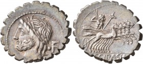 L. Scipio Asiagenus, 106 BC. Denarius (Silver, 21 mm, 4.11 g, 12 h), Rome. Laureate head of Jupiter to left / •F. Rev. L•SCIP•ASIAG Jupiter driving ga...
