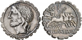 L. Scipio Asiagenus, 106 BC. Denarius (Silver, 18 mm, 3.89 g, 2 h), Rome. Laureate head of Jupiter to left. Rev. L•SCIP•ASIAG Jupiter driving gallopin...