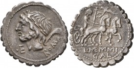 L. Memmius Galeria, 106 BC. Denarius (Silver, 19 mm, 3.74 g, 8 h), Rome. EX•S•C / ROMA Laureate head of Saturn to left; behind, harpa; below chin, •E....