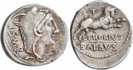 L. Thorius Balbus, 105 BC. Denarius (Silver, 20 mm, 3.85 g, 10 h), Rome. I•S•M•R Head of Juno Sospita to right, wearing goat-skin headdress. Rev. T / ...