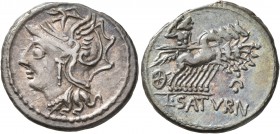 Lucius Appuleius Saturninus, 104 BC. Denarius (Silver, 20 mm, 3.95 g, 1 h), Rome. Head of Roma to left, wearing winged helmet. Rev. L•SATVRN Saturn dr...