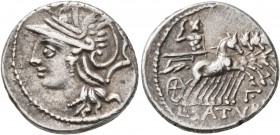 Lucius Appuleius Saturninus, 104 BC. Denarius (Silver, 18 mm, 3.87 g, 5 h), Rome. Head of Roma to left, wearing winged helmet. Rev. L•SATVRN Saturn dr...