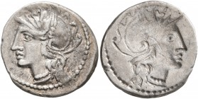 Lucius Appuleius Saturninus, 104 BC. Denarius (Silver, 19 mm, 3.87 g, 12 h), brockage mint error, Rome. Head of Roma to left, wearing winged helmet. R...