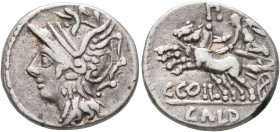 C. Coelius Caldus, 104 BC. Denarius (Silver, 18 mm, 3.92 g, 6 h), Rome. Head of Roma to left, wearing winged helmet. Rev. C COIL / CALD Victory in pra...