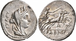 C. Fabius C.f. Hadrianus, 102 BC. Denarius (Silver, 21 mm, 3.97 g, 11 h), Rome. EX•A•PV Veiled and turreted bust of Cybele to right. Rev. C•FABI•C•F V...