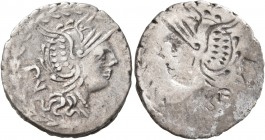 M. Lucilius Rufus, 101 BC. Denarius (Silver, 20 mm, 3.92 g, 12 h), brockage mint error, Rome. PV Head of Roma within laurel wreath to right, wearing w...
