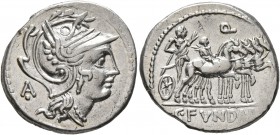 C. Fundanius, 101 BC. Denarius (Silver, 19 mm, 3.93 g, 7 h), Rome. Head of Roma to right, wearing winged helmet; behind, A with pellet below. Rev. C•F...