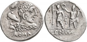 P. Cornelius Lentulus Marcellinus, 100 BC. Denarius (Silver, 18 mm, 3.84 g, 12 h), Rome. ROMA Bust of Hercules to right, seen from behind, draped with...
