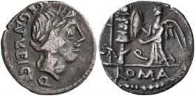 C. Egnatuleius C.f, 97 BC. Denarius (Silver, 15 mm, 1.81 g, 1 h), Rome. C•EGNATVLEI•C•F• Laureate head of Apollo to right; below neck truncation, Q. R...