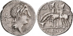 C. Malleolus, A. Albinus Sp.f., and L. Caecilius Metellus, 96 BC. Denarius (Silver, 19 mm, 3.68 g, 12 h), Rome. Laureate head of Apollo to right; behi...
