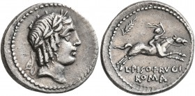 L. Calpurnius Piso Frugi, 90 BC. Denarius (Silver, 19 mm, 3.90 g, 7 h), Rome. Laureate head of Apollo to right. Rev. L•PISO•FRVGI / ROMA Horseman gall...