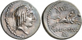L. Calpurnius Piso Frugi, 90 BC. Denarius (Silver, 19 mm, 3.91 g, 11 h), Rome. Laureate head of Apollo to right; behind IIII. Rev. L•PISO•FRVGI / L• H...