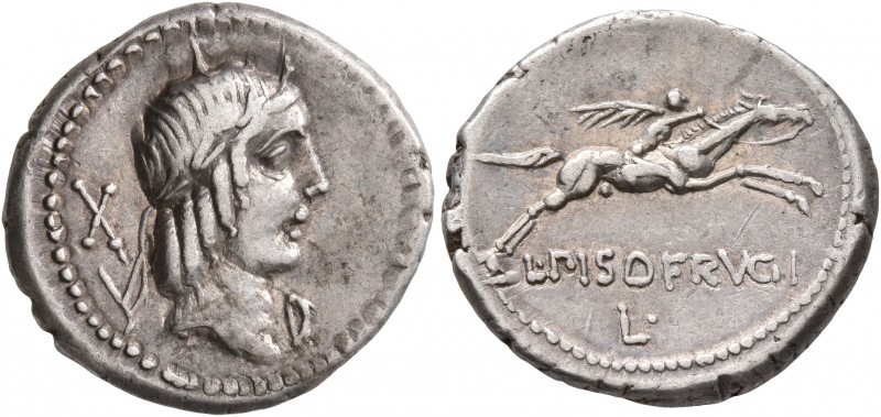 L. Calpurnius Piso Frugi, 90 BC. Denarius (Silver, 19 mm, 3.86 g, 7 h), Rome. La...