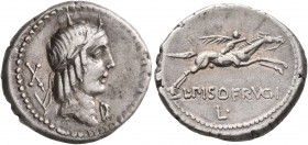 L. Calpurnius Piso Frugi, 90 BC. Denarius (Silver, 19 mm, 3.86 g, 7 h), Rome. Laureate head of Apollo to right; behind X; below chin, D. Rev. L•PISO•F...