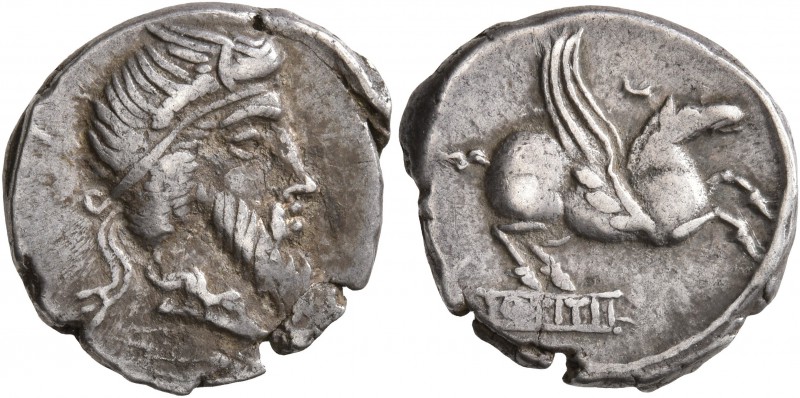 Q. Titius, 90 BC. Denarius (Silver, 18 mm, 3.83 g, 1 h), Rome. Bearded head of M...