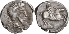 Q. Titius, 90 BC. Denarius (Silver, 18 mm, 3.83 g, 1 h), Rome. Bearded head of Mutinus Titinius to right, wearing winged diadem. Rev. Pegasus prancing...