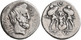 L. Titurius L.f. Sabinus, 89 BC. Denarius (Silver, 18 mm, 3.78 g, 5 h), Rome. SABIN Bare-headed and bearded head of King Titus Tatius to right; below,...