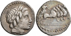 Anonymous, 86 BC. Denarius (Silver, 18 mm, 3.77 g, 4 h), Rome. Laureate head of Apollo to right; below neck truncation, thunderbolt. Rev. Jupiter in f...
