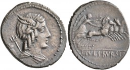 L. Julius Bursio, 85 BC. Denarius (Silver, 20 mm, 3.70 g, 2 h), Rome. Laureate, winged, and draped bust of Apollo Vejovis to right; behind, trident an...
