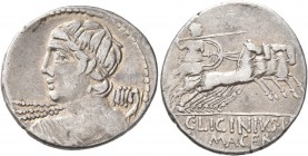 C. Licinius L.f. Macer, 84 BC. Denarius (Silver, 21 mm, 4.06 g, 9 h), Rome. Bust of Apollo to left, seen from behind, holding thunderbolt in his right...